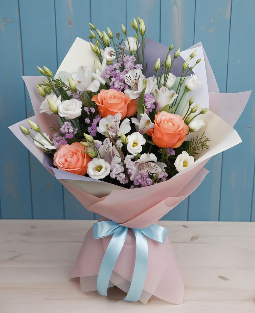 Букет цветов из: Лизиантусы, Розы, Альстромерии и Гипсофила в Черкизово